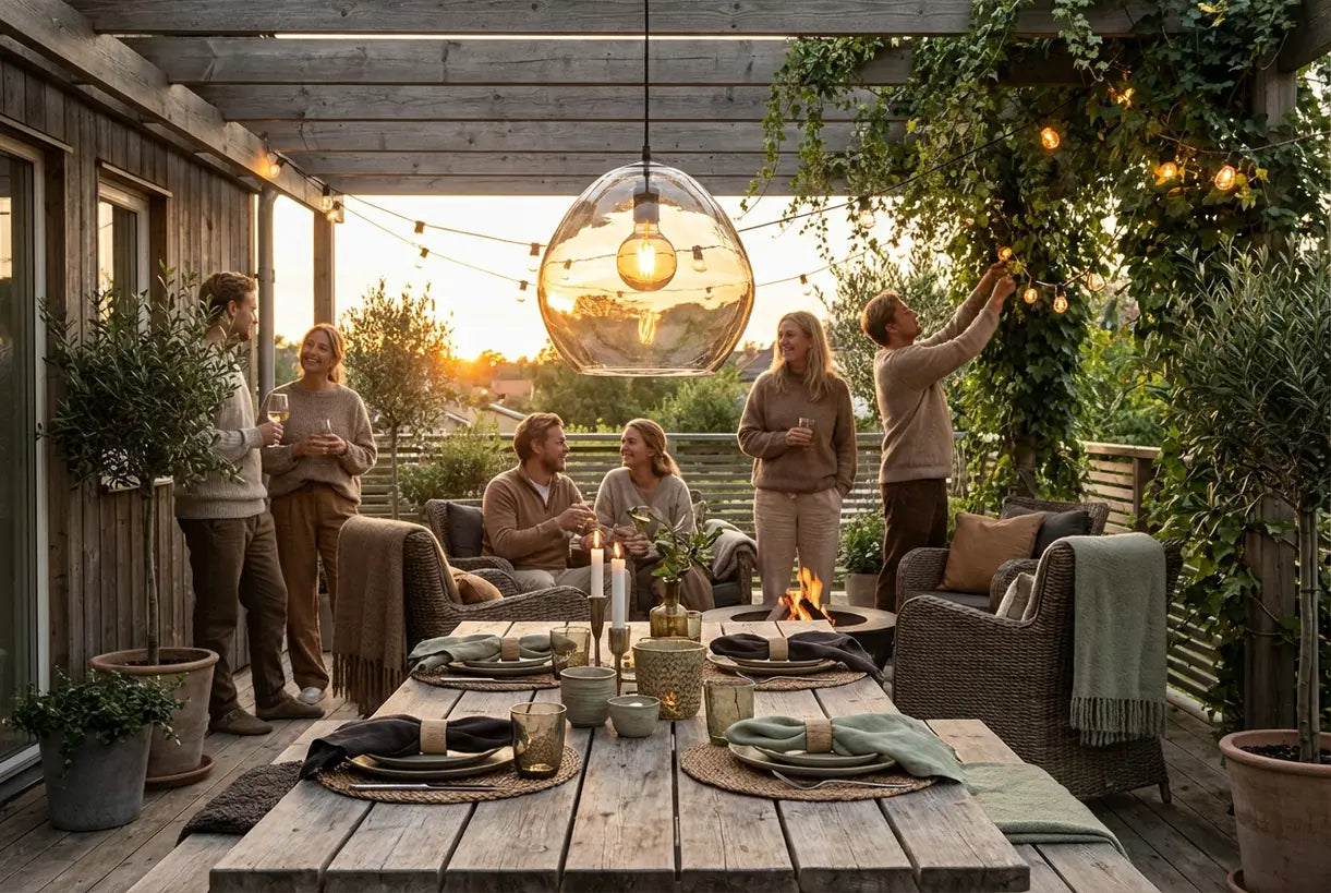 Scandinavisch buiten-eetterras met warme hanglampen en Scandinavische buiteninrichting