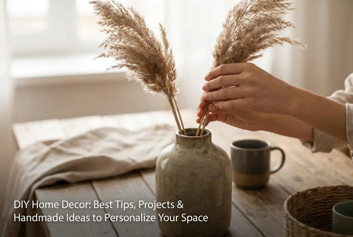 Close-up of hands arranging dried pampas grass in a handmade ceramic vase for DIY home decor