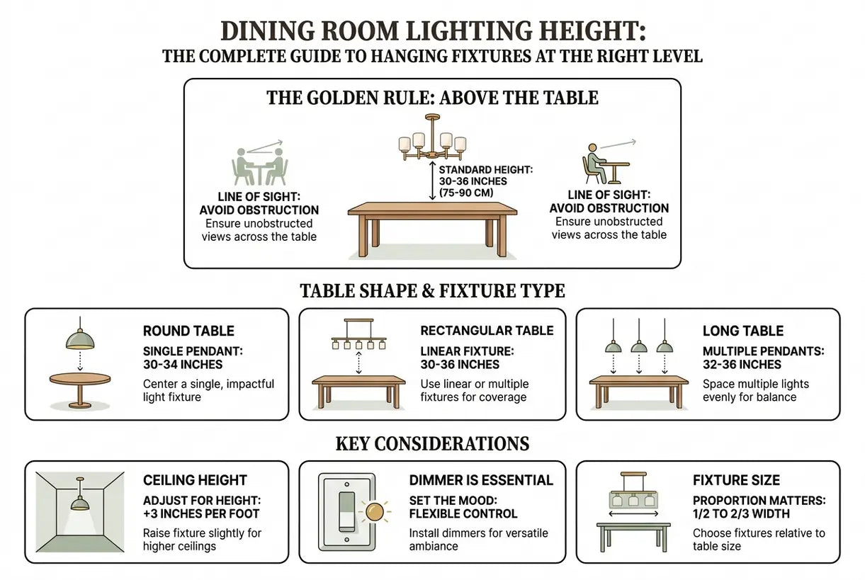 Dining Room Lighting Height: The Complete Guide to Hanging Fixtures at the Right Level - infographic