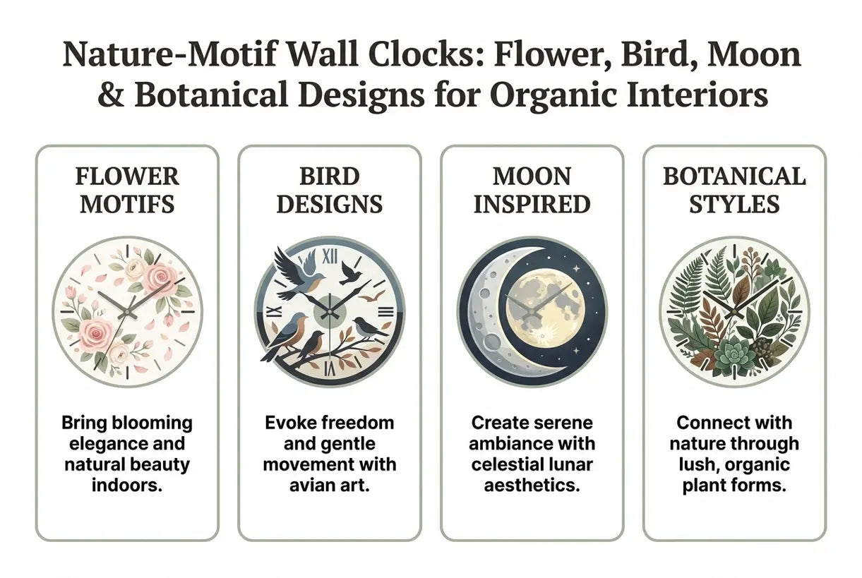 Nature-Motif Wall Clocks: Flower, Bird, Moon & Botanical Designs for Organic Interiors - infographic