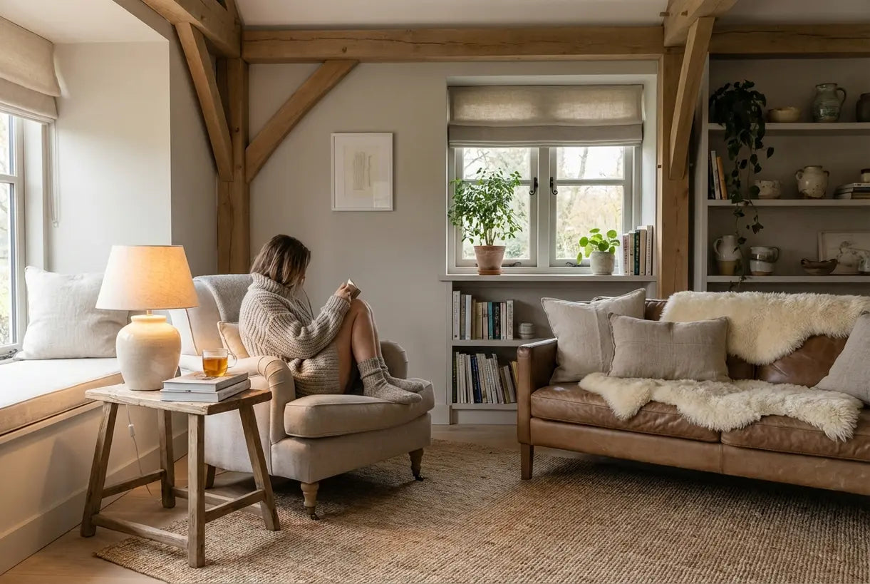 Scandinavische woonkamer met persoon die geniet van hygge-decor in gezellige leeshoek
