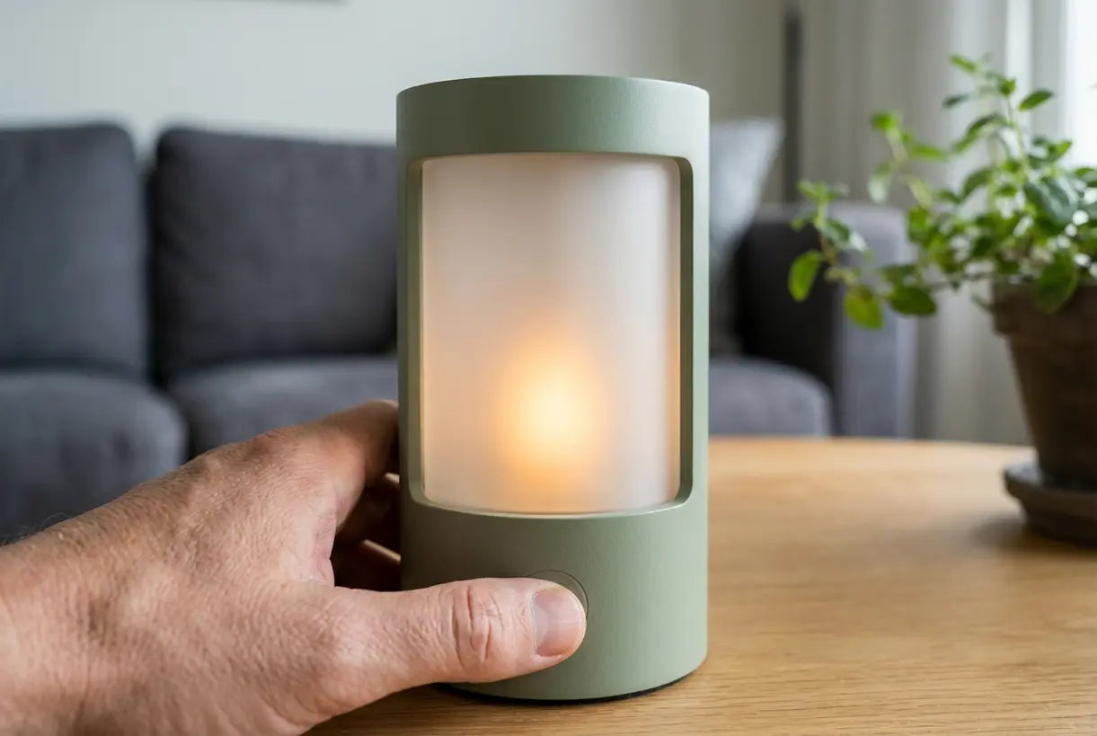 Hand die touch dimmer aanpast op draagbare tafellamp met warme LED gloed