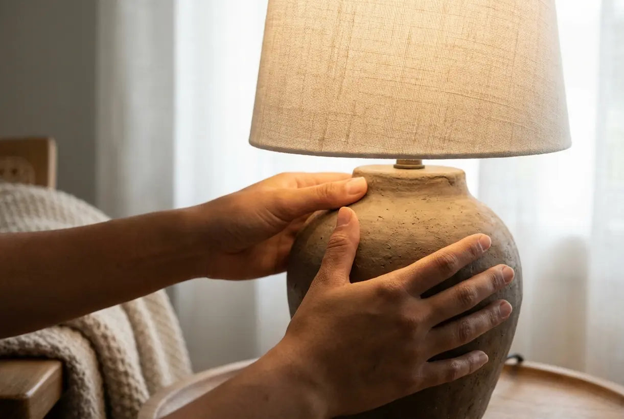 Handen die de keramische woonkamer tafellampbasis aanpassen met zacht natuurlijk licht