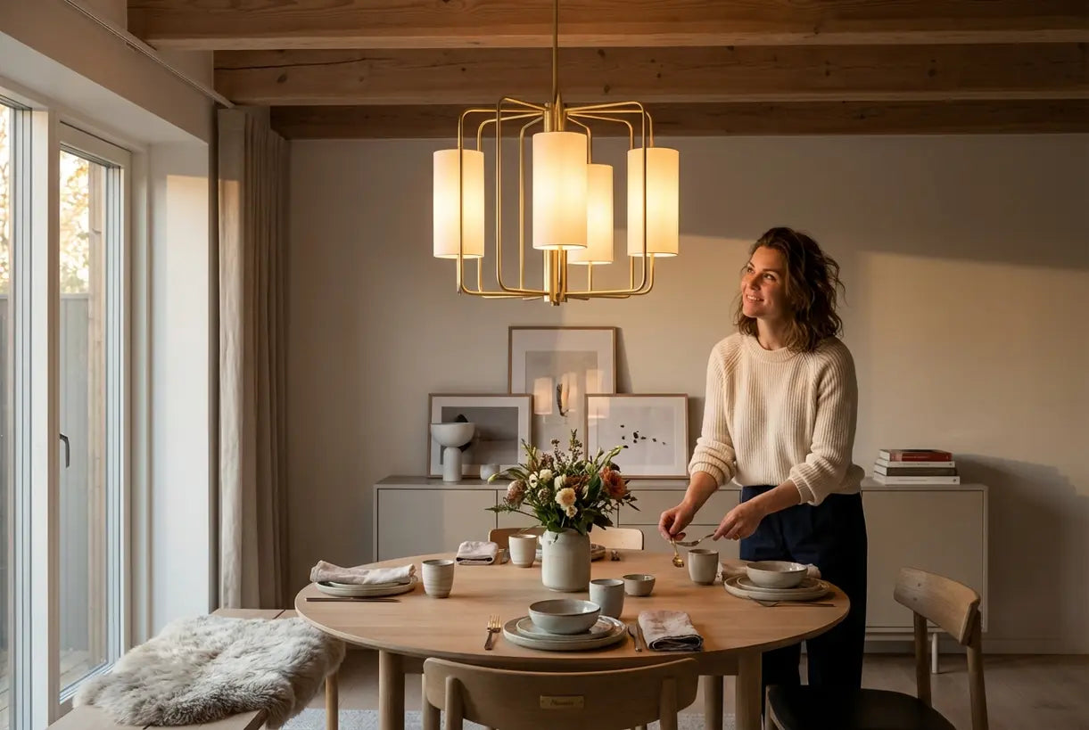 Woman arranging dining table beneath a warm gold chandelier in Scandinavian interior