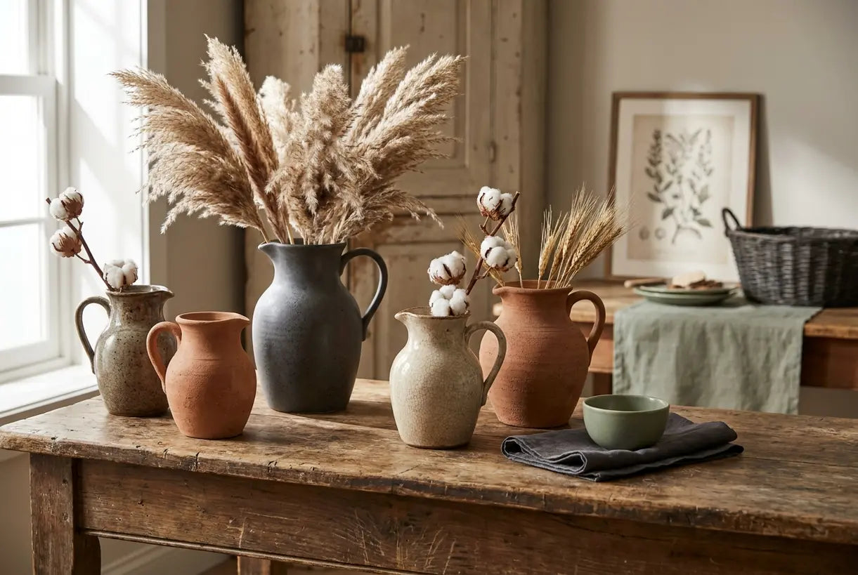 Farmhouse styled rustic jug vases with dried botanicals on weathered wooden surface