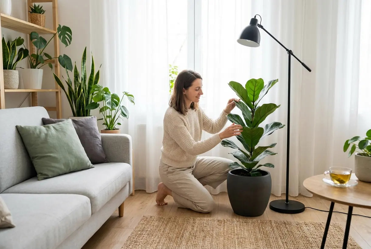 Woman styling fiddle leaf fig plant in Scandinavian living room with natural light