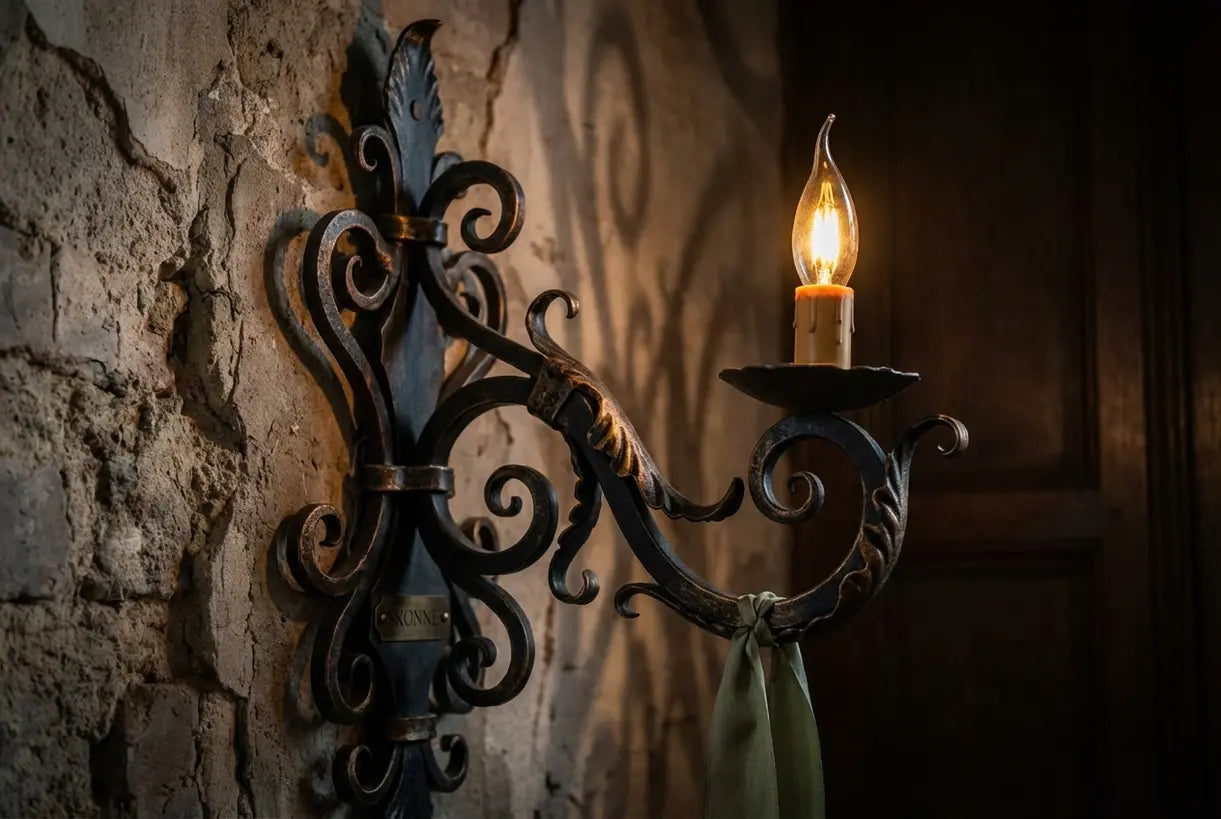 Close-up van een rijk versierde gotische wandlamp met warm led-kaarslicht