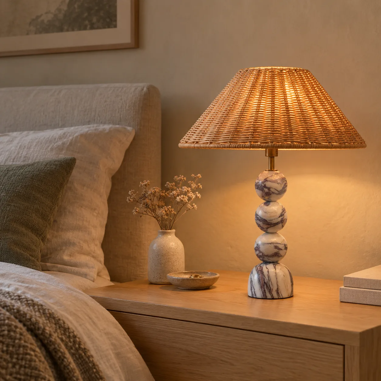 Stenglo Nordic Marmor Tischleuchte Rattanschirm