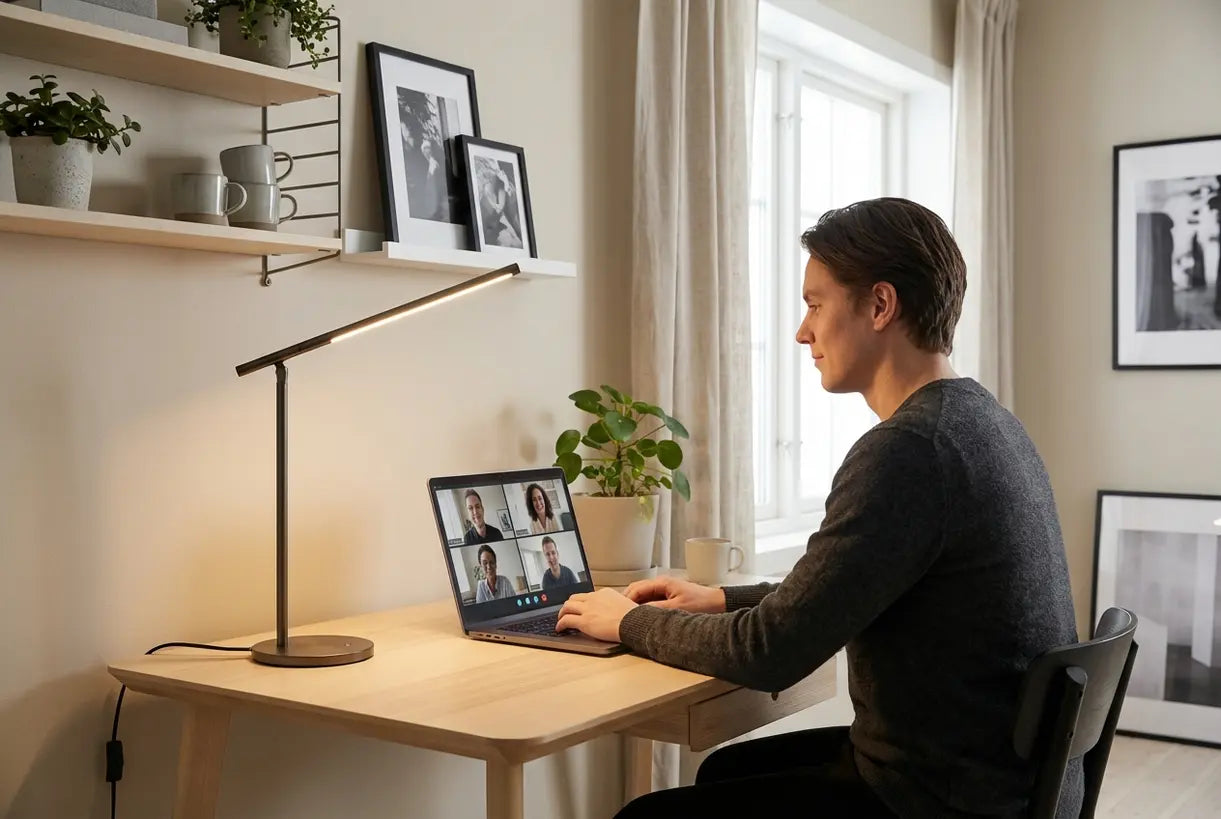 Professionele opstelling voor videogesprekken met een Scandinavische bureaulamp die warm licht geeft