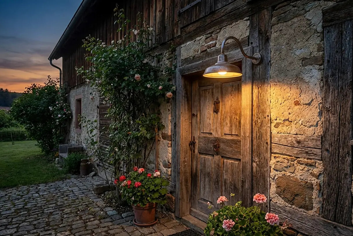 Farmhouse exterior met gloeiende buiten stalverlichting in de schemering
