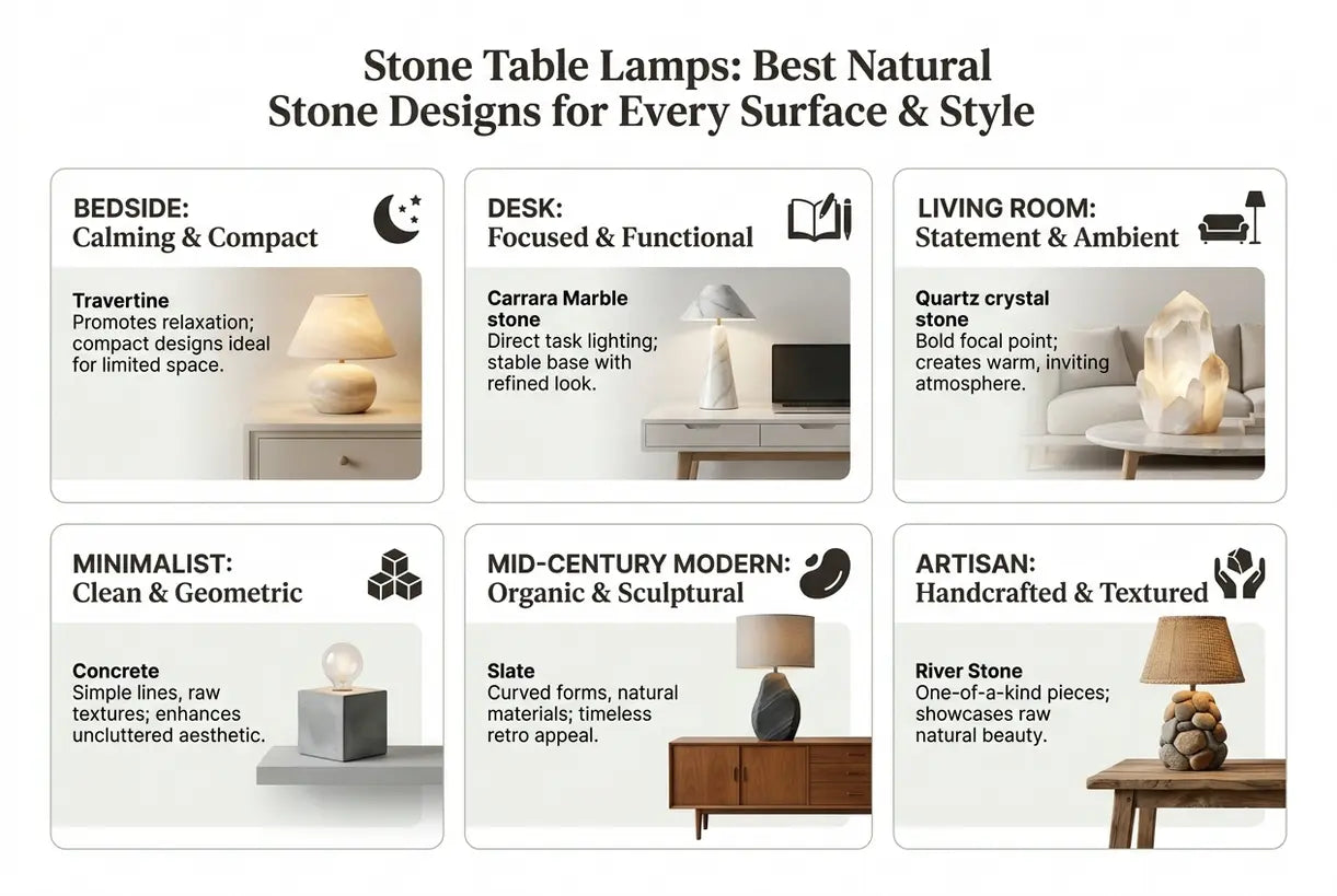 Stenen Tafellampen: Beste Natuurstenen Ontwerpen voor Elk Oppervlak & Stijl - infographic