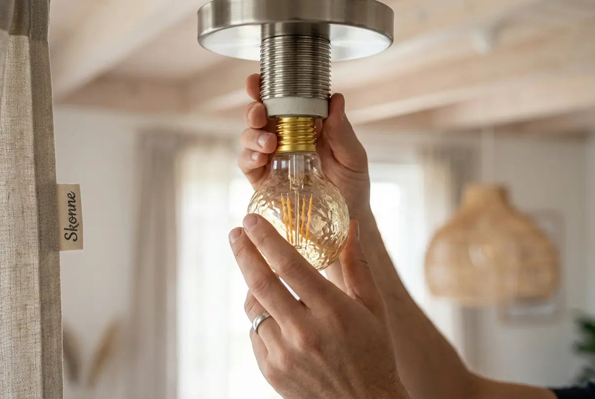 Close-up van handen die een warme LED-plafondlamp in een armatuurvoet installeren
