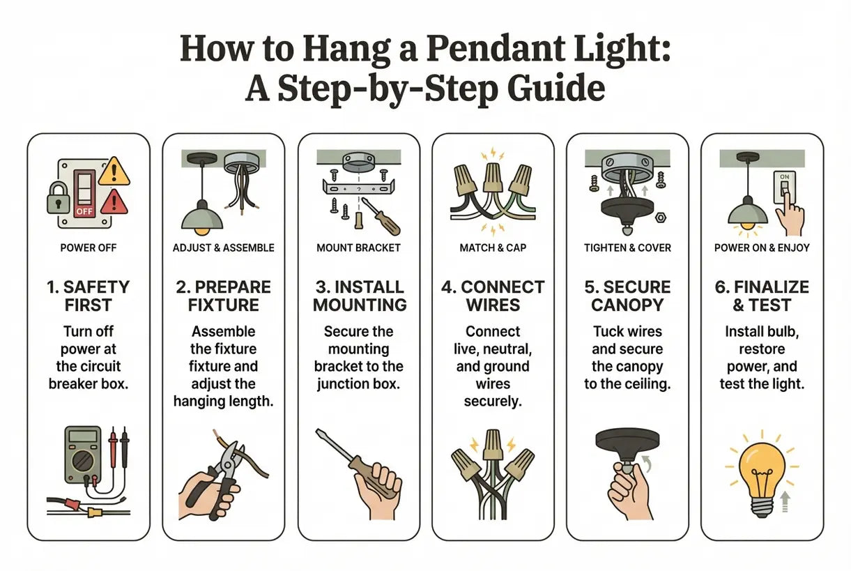 Een stap-voor-stap gids voor het ophangen van een hanglamp - infographic
