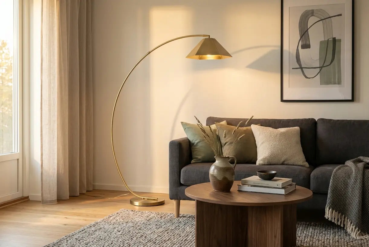 Moderne eigentijdse vloerlamp in gestileerde Scandinavische woonkamer met warme sfeerverlichting en neutrale textiel