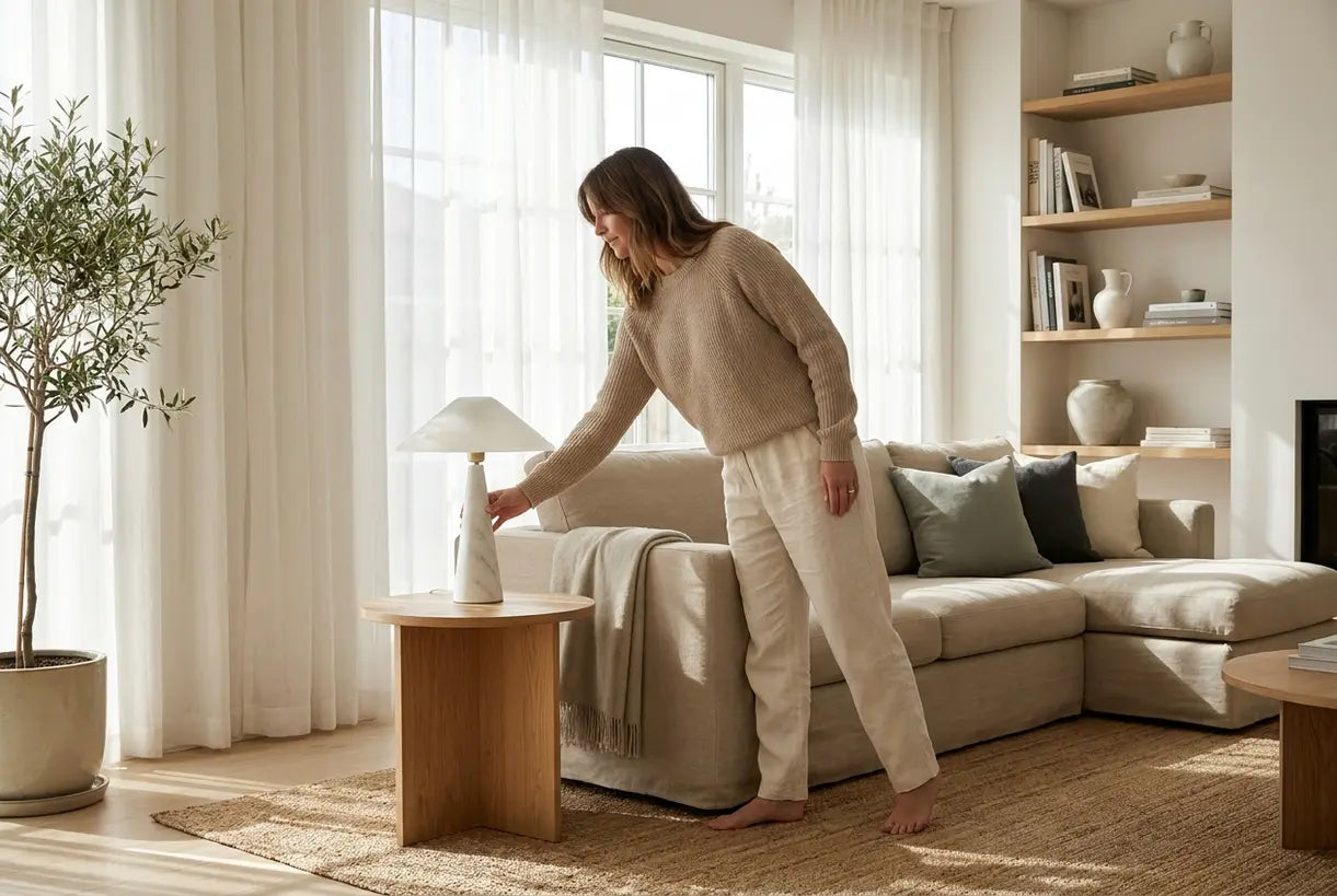 Scandinavische woonkamer met vrouw die witte marmeren tafellamp op houten bijzettafel stylet