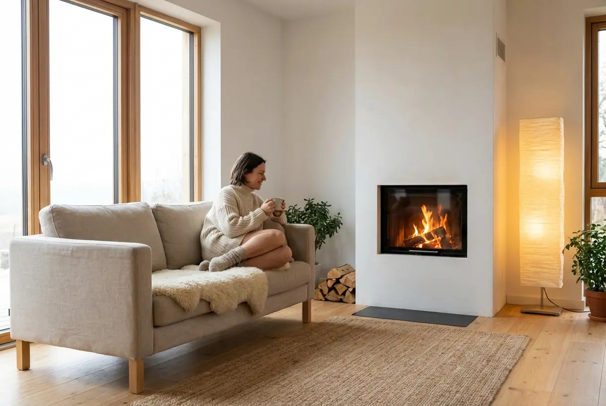 Scandinavische woonkamer met open haard, persoon ontspant in gezellige neutrale gebreide kleding, warme sfeerverlichting en natuurlijke materialen