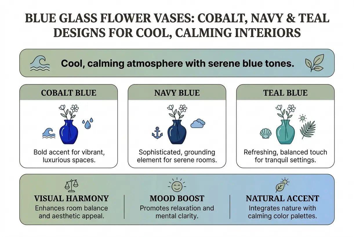 Blaue Glasvasen: Kobalt, Marineblau & Türkis Designs für kühle, beruhigende Innenräume - Infografik