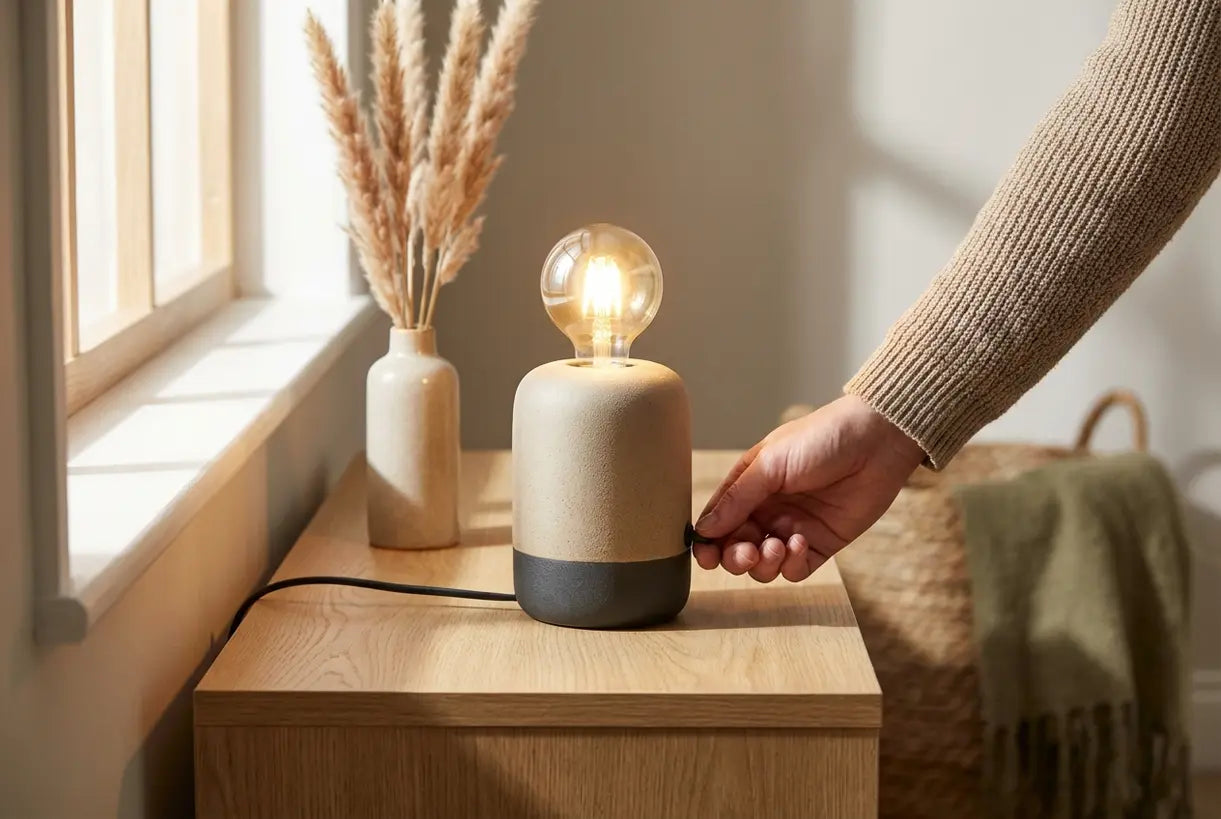 Hand past minimalistische Scandinavische entree tafellamp aan op consoletafel in warm natuurlijk licht