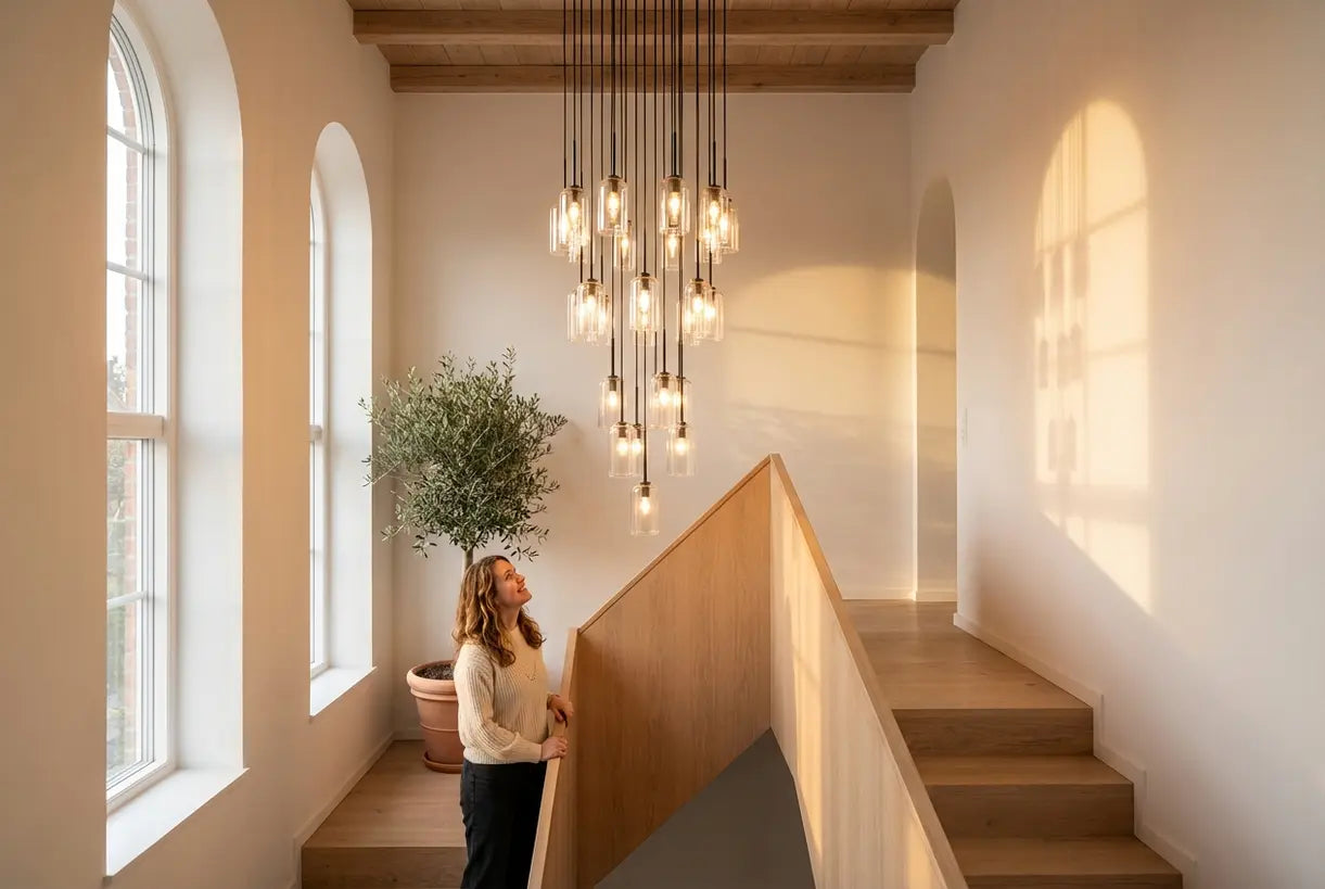 Vrouw bewondert een moderne kroonluchter in een Scandinavisch trappenhuis over twee verdiepingen