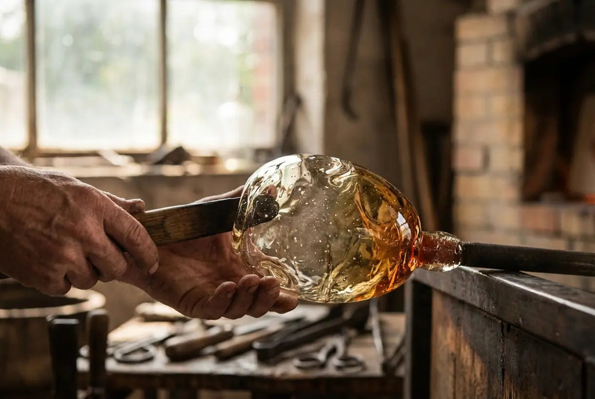 Ambachtelijke handen die een hanglamp van gerecycled glas vormen in een werkplaats