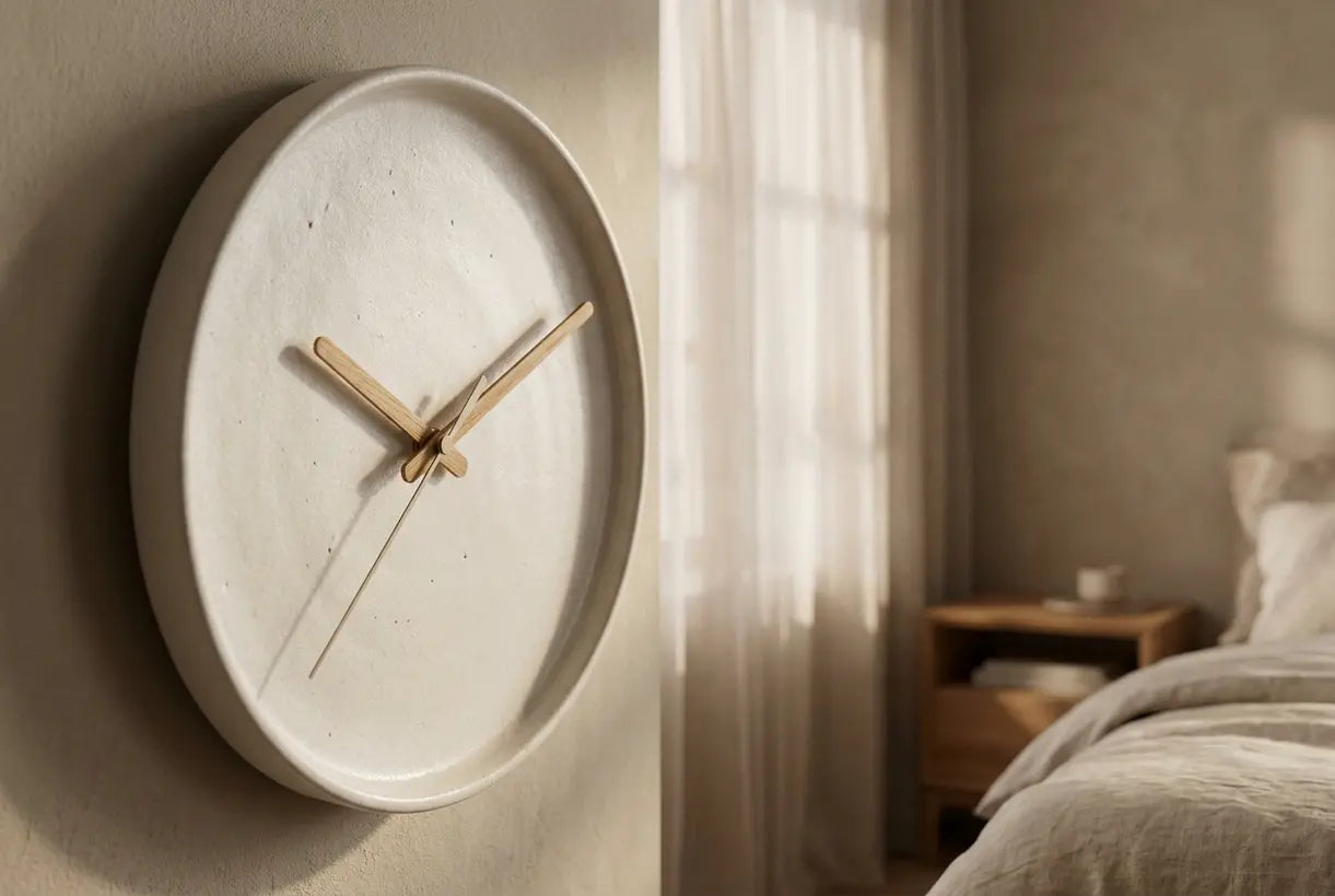 Minimalist silent wall clock close-up for restful bedroom decor