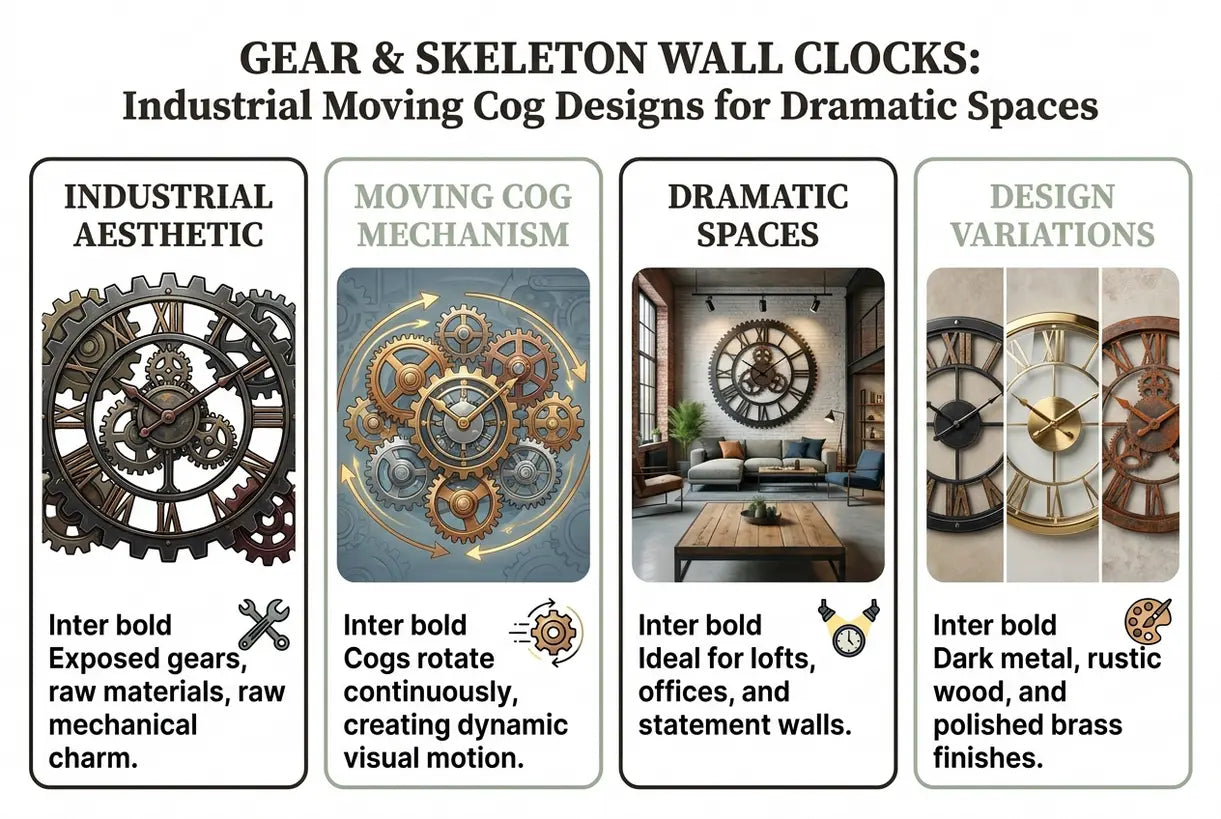 Gear & Skeleton Wall Clocks: Industrial Moving Cog Designs for Dramatic Spaces - infographic