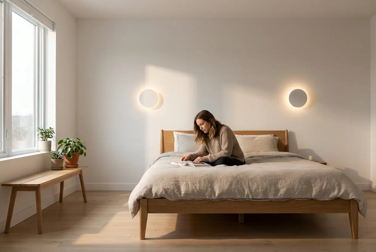 Scandinavische slaapkamer met opbouw wandlampen die een warme minimalistische sfeer creëren