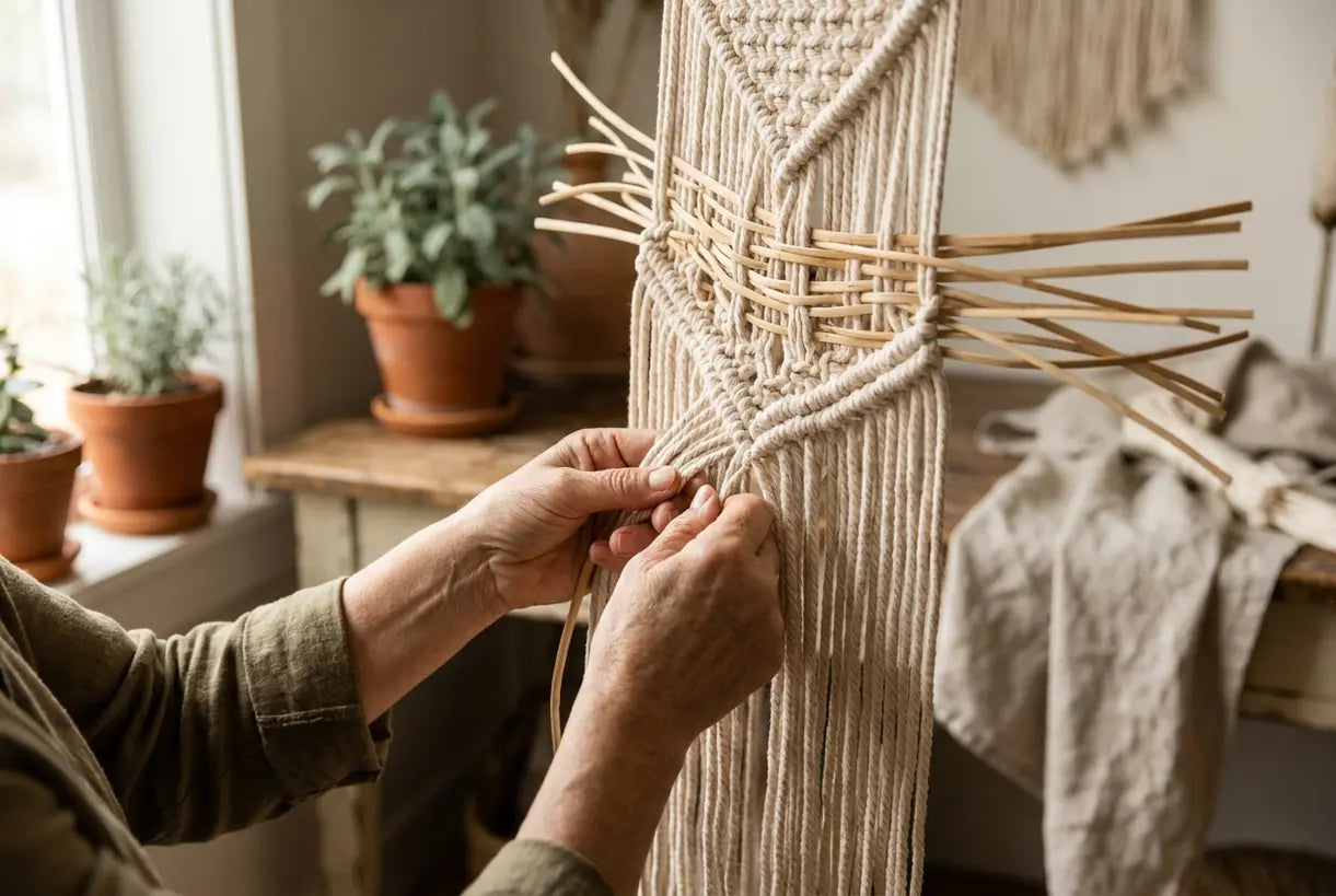 Artisan hands weaving natural rattan fibers for boho chic home decor textures