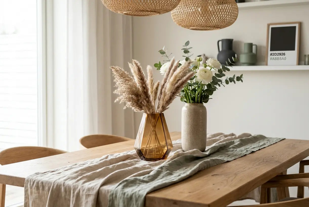 Styled dining table with geometric glass and ceramic flower vases as elegant centerpiece