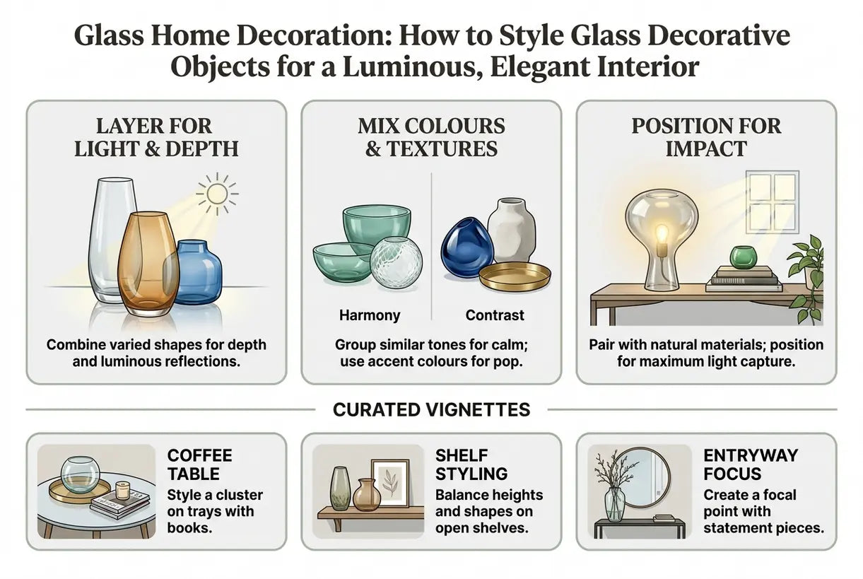 Glass Home Decoration: How to Style Glass Decorative Objects for a Luminous, Elegant Interior - infographic