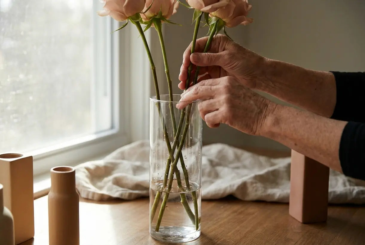 Handen schikken rozen in cilindervormige bloemenvaas met natuurlijk licht