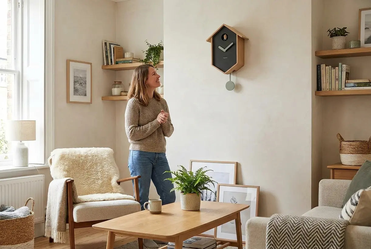 Moderne koekoeksklok gestyled in een lichte Scandinavische woonkamer