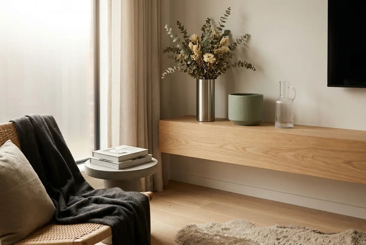 Scandinavian shelf styling with steel flower vase and modern industrial home decor