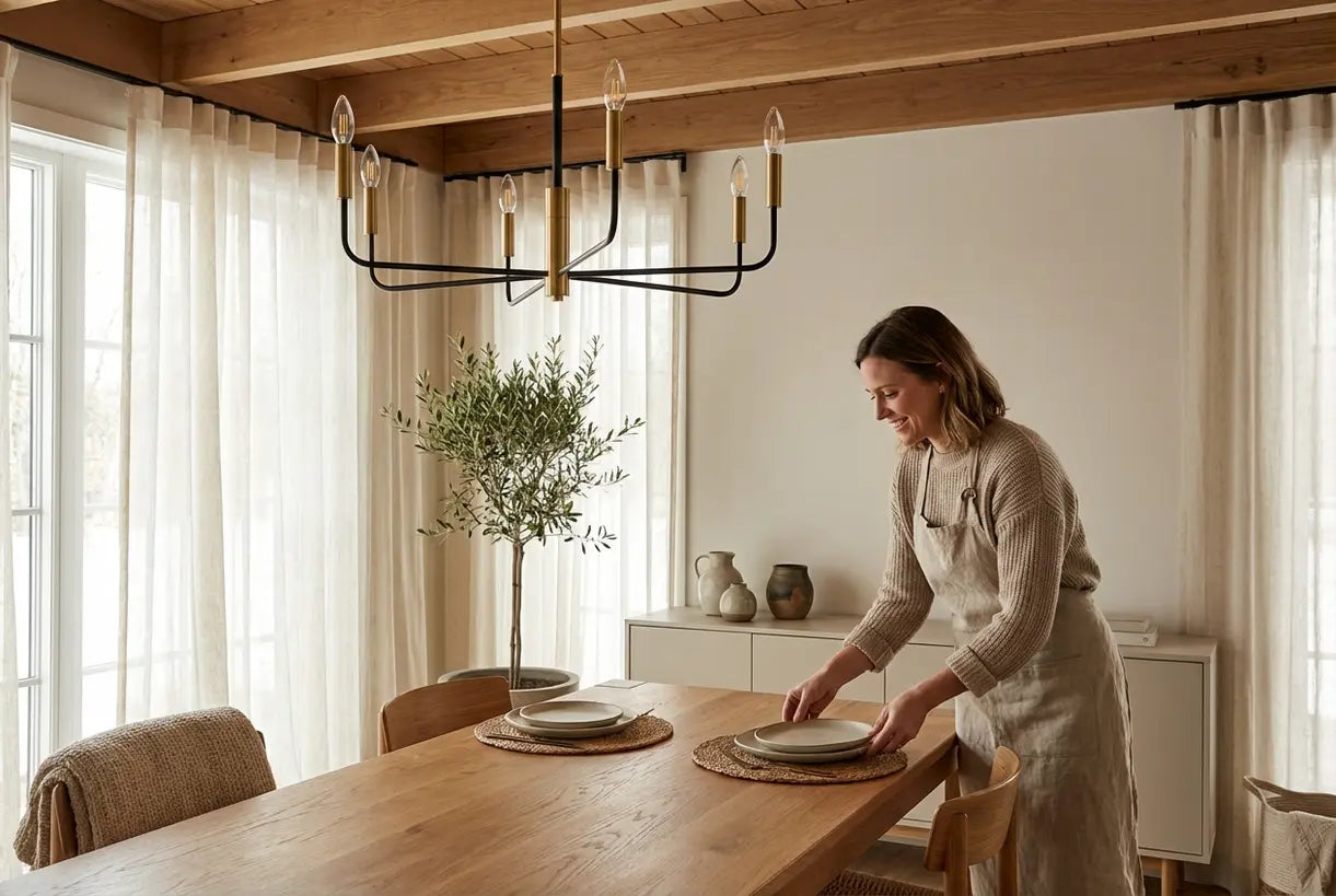 Dining room scene with black and gold chandelier above wooden dining table