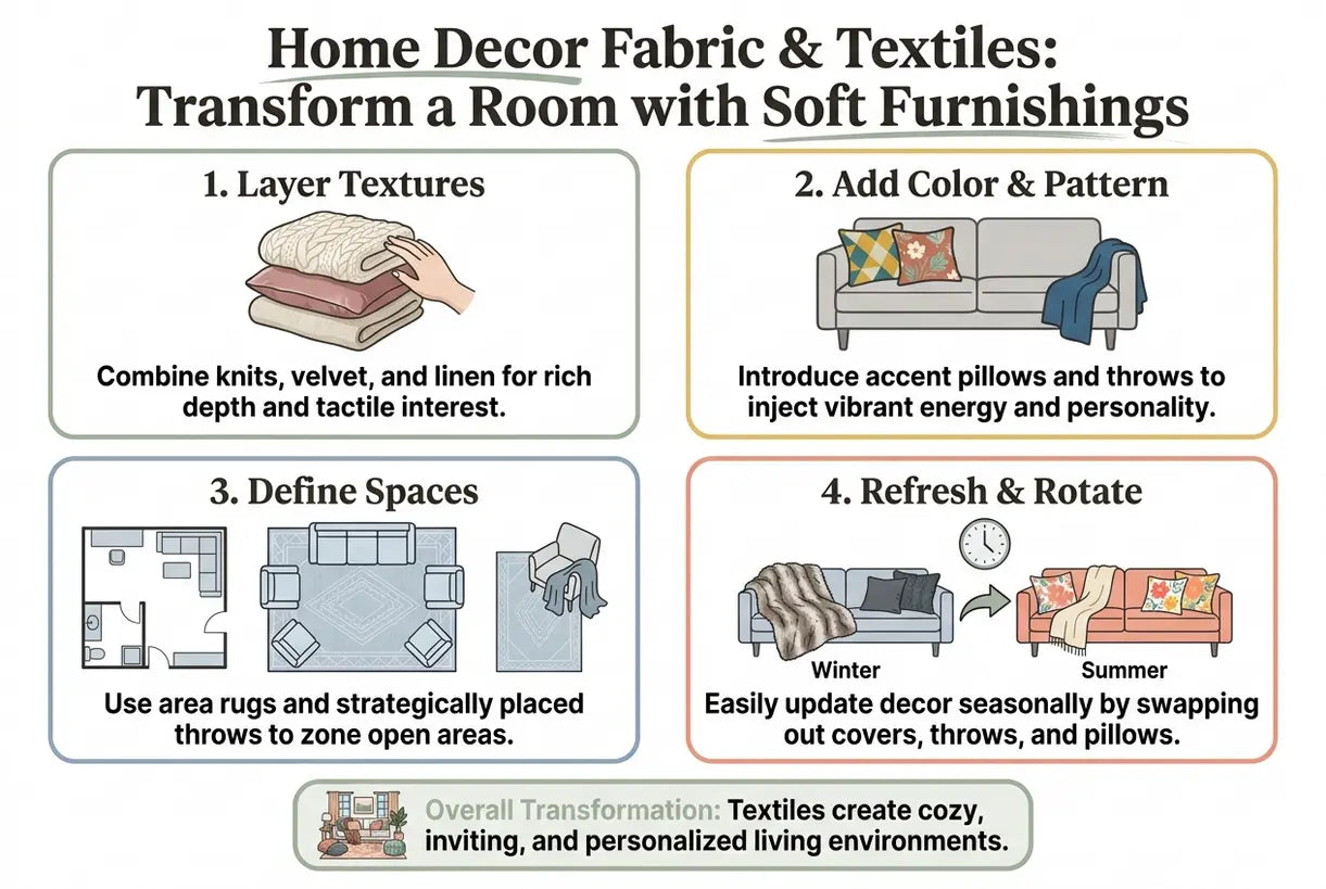 Home Decor Fabric & Textiles: How to Use Fabrics, Throws & Soft Furnishings to Transform a Room - infographic