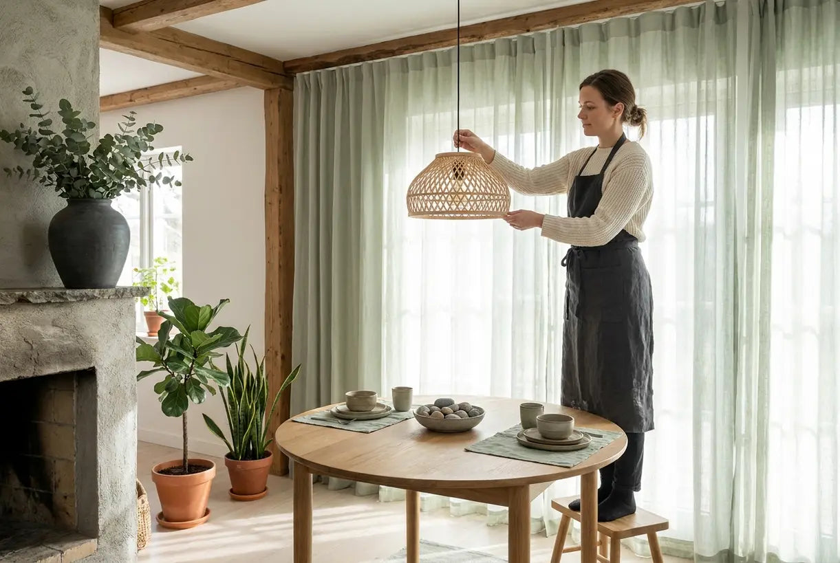 Biophilic interior design in Scandinavian living room with natural wood lighting and organic materials