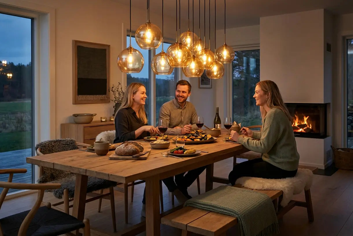Gezellige Scandinavische eetkamer met amberkleurige glazen hanglampen boven houten tafel