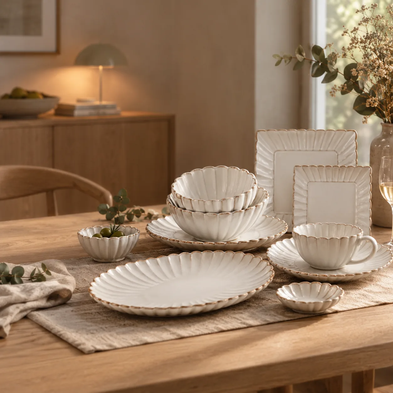 Nordic Ceramic Dinnerware Set Matte Glaze Finish, styled in a Scandinavian interior