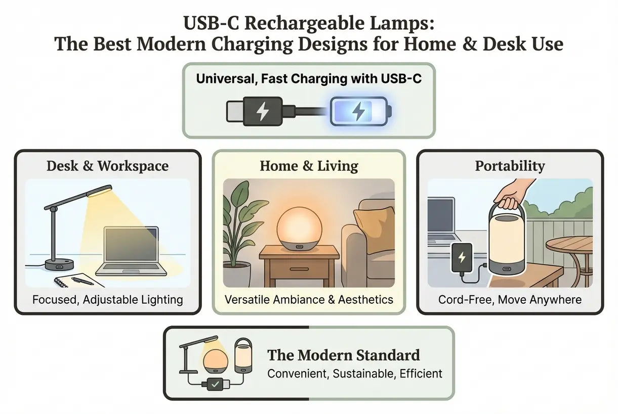 USB-C oplaadbare lampen: De beste moderne oplaadontwerpen voor thuis & bureaugebruik - infographic