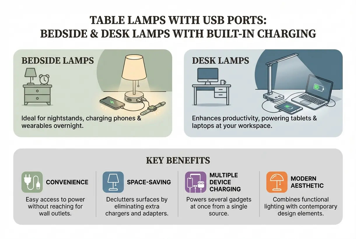 Tafellampen met USB-poorten: Nacht- en bureaulampen met ingebouwde oplaadfunctie - infographic