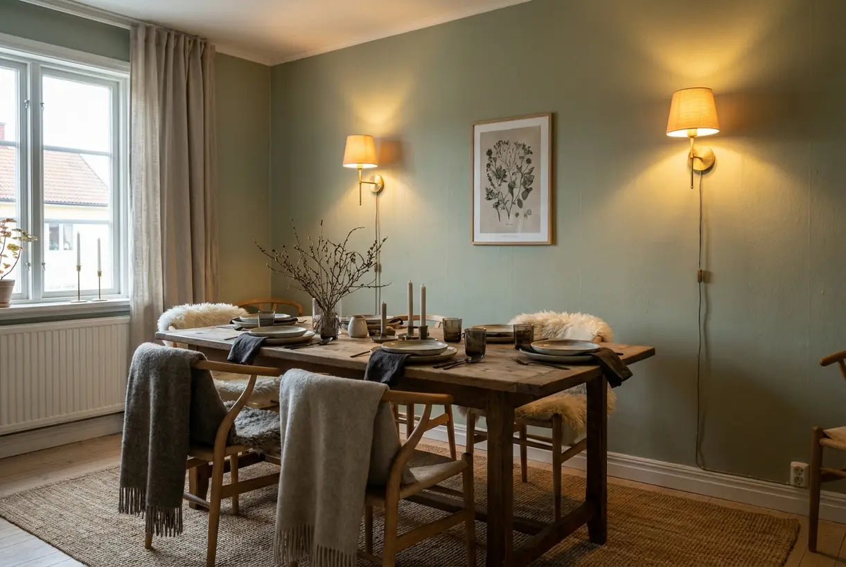 Scandinavische eetkamer met wandlampen die gelaagde sfeerverlichting creëren