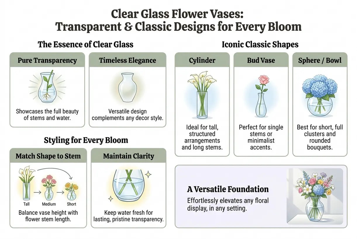 Clear Glass Flower Vases: Transparent & Classic Designs for Every Bloom - infographic