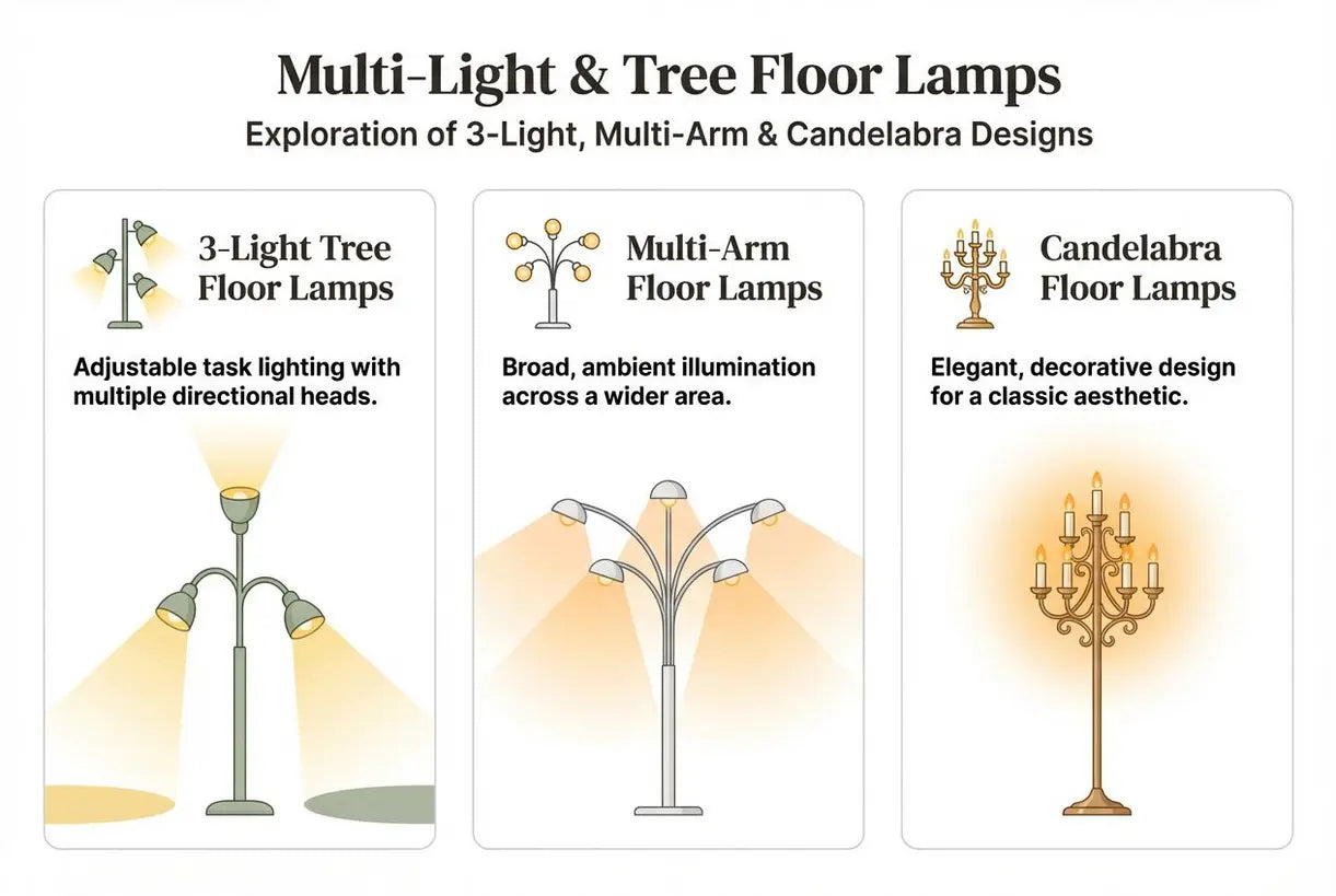 Vloerlampen met meerdere lichtpunten en boomvloerlampen: ontwerpen met 3 lichtpunten, meerdere armen en in kandelaberstijl - infographic