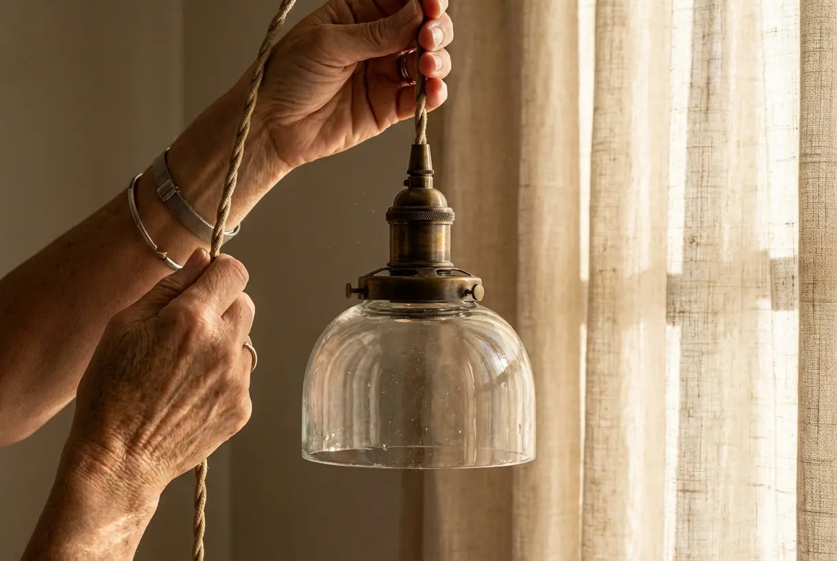 Close-up van messing en glazen hanglamp met warme metaalafwerking en glasstructuurdetails