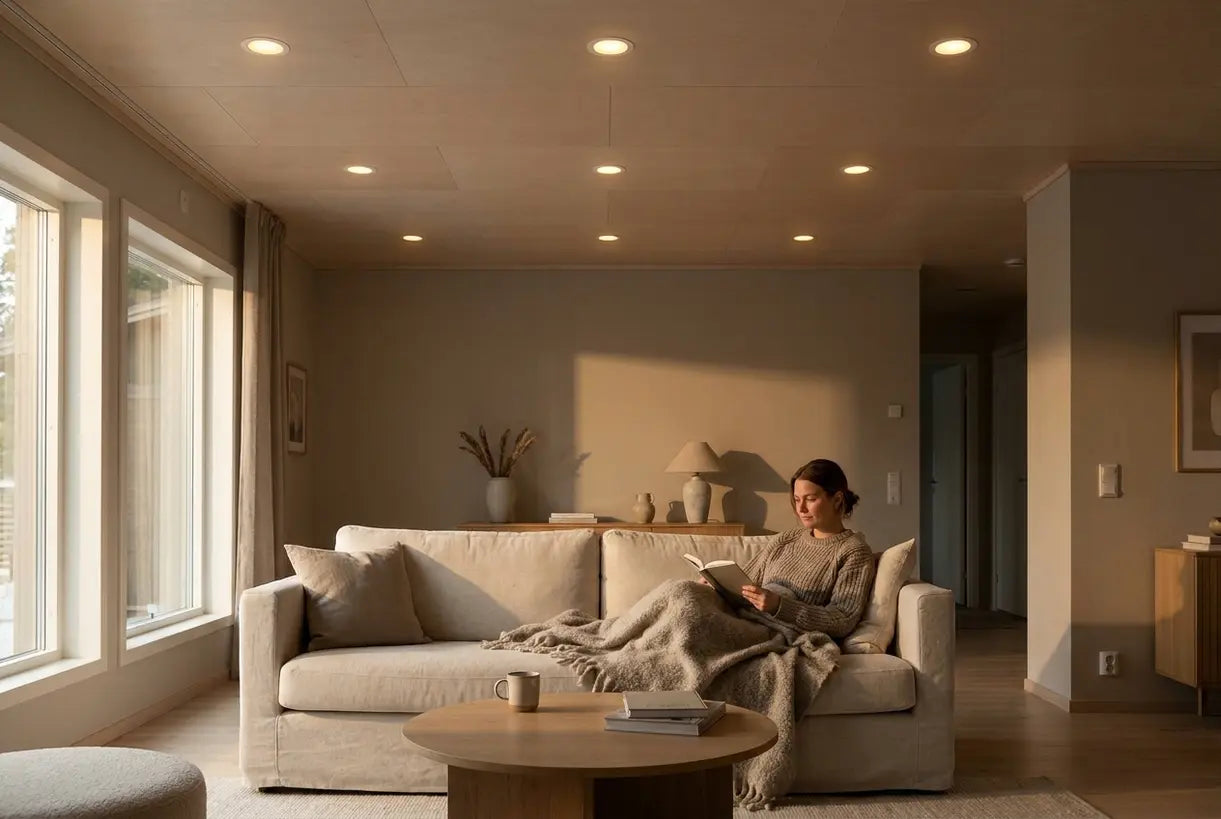 Modern living room with recessed can lights providing warm ambient illumination