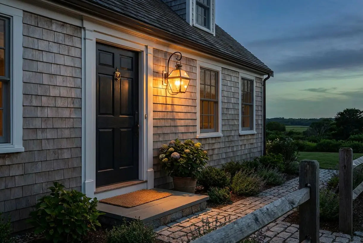 Exterieur van een Cape Cod huis in de schemering met gloeiende buiten uilantaarn bij de voordeur