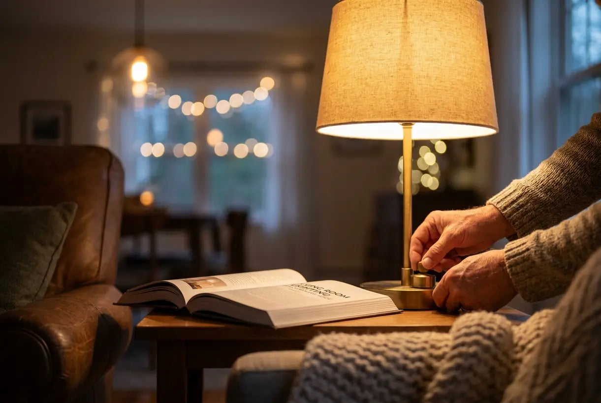 Close-up of hands adjusting warm table lamp showing living room lighting ambiance control