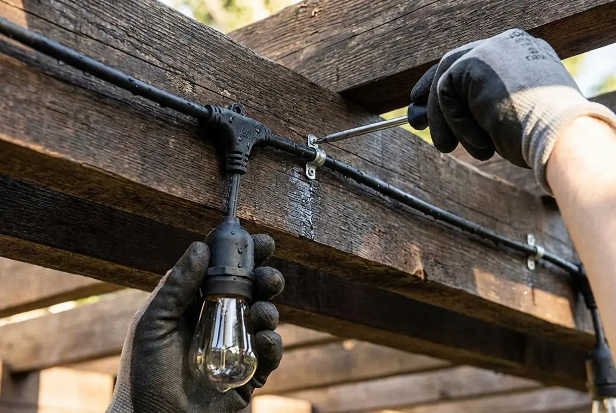 Hands installing weatherproof string lights on pergola
