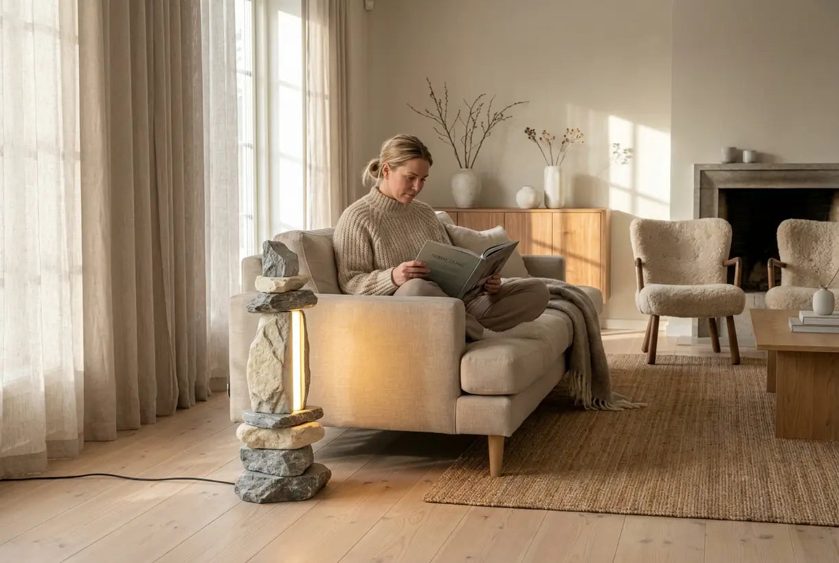 Scandinavische woonkamer met sculpturale stenen vloerlamp en natuurlijke sfeerverlichting