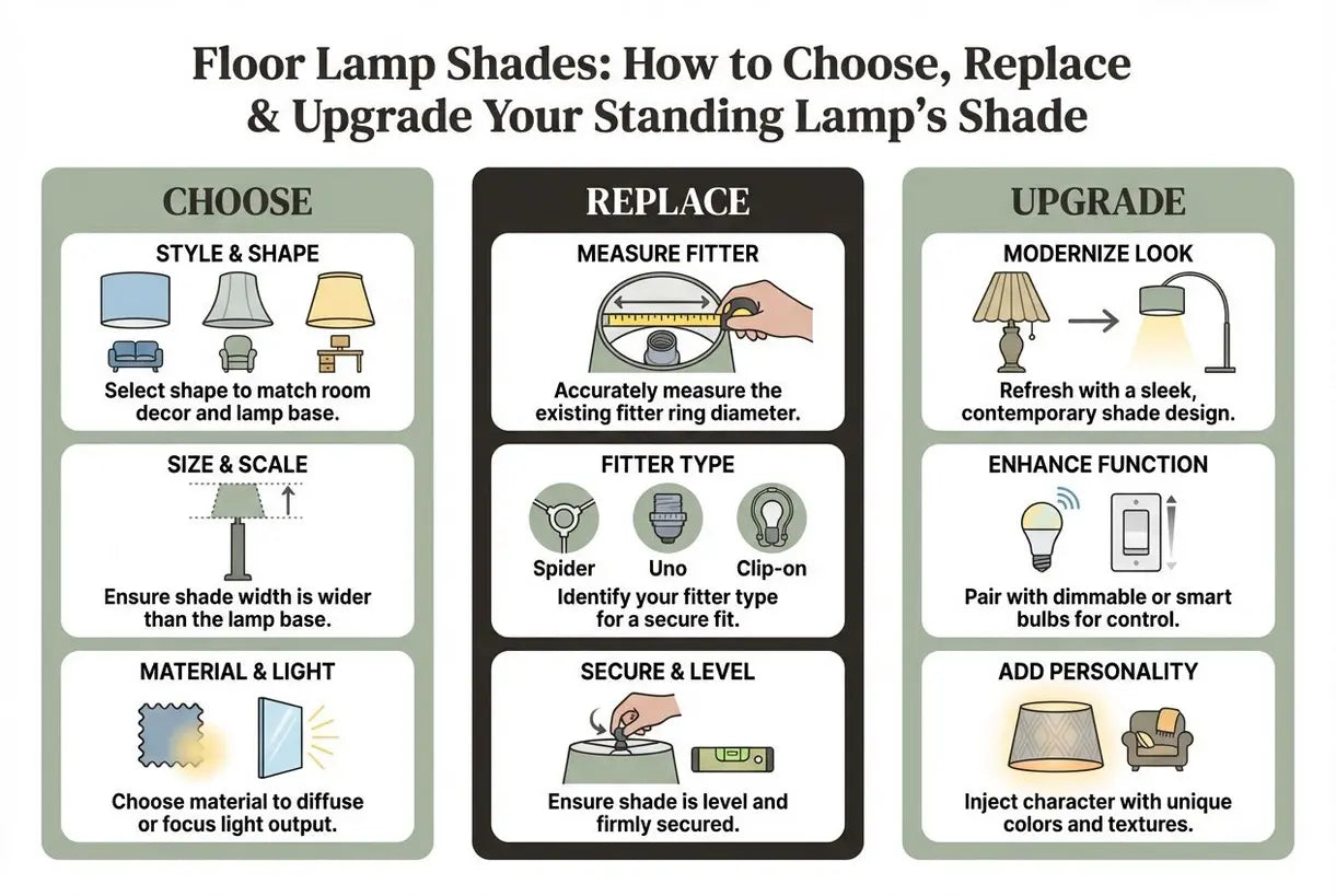 Staande lampenkappen: Hoe kies je, vervang je en upgrade je de kap van je staande lamp - infographic